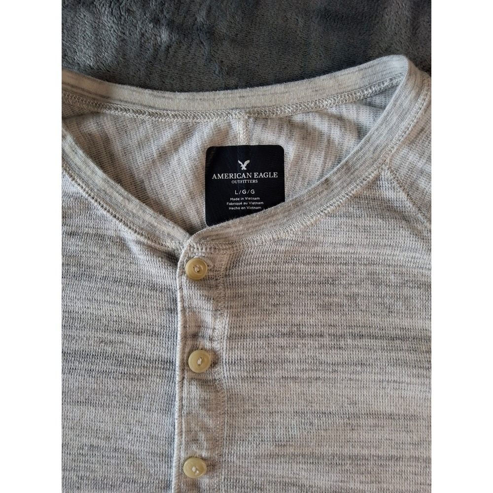 American Eagle Mens Henley Shirt Large Gray Space Dye Long Sleeve Raglan Knit - Picture 6 of 10